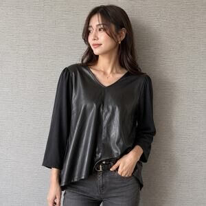 C Est 1946 Sportswear Faux Leather Top Blouse, Black, XL